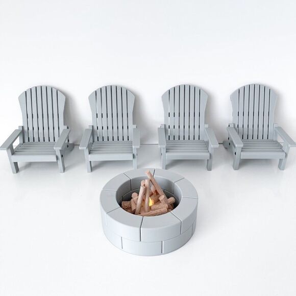 4 Gray Miniature Adirondack Chairs & Round Firepit W/Flickering Logs 1:6 Scale - Picture 4 of 8